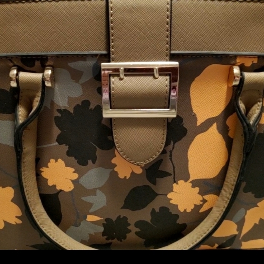 LaTerre handbag dark beige with gold gray and brown leaves.  Aprox 12" tall